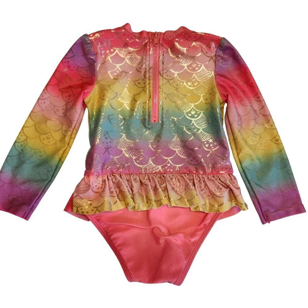 Cat & Jack Girls 4T Rainbow Mermaid Scale Long Sleeve Rash Guard Swimsuit Snaps